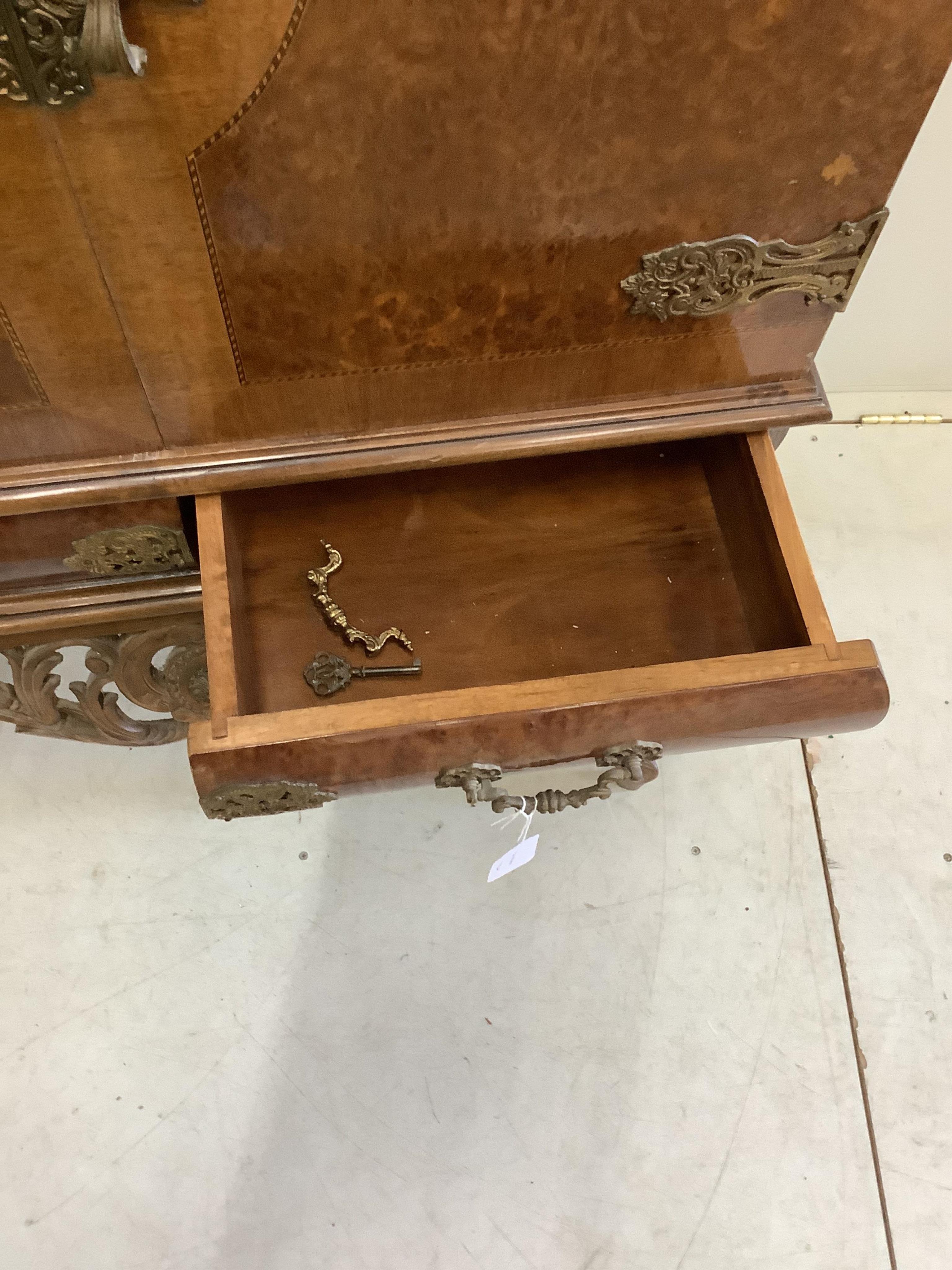 A Queen Anne Revival burr walnut and brass mounted cocktail cabinet on cabriole legs, width 80cm, depth 40cm, height 146cm. Condition - good